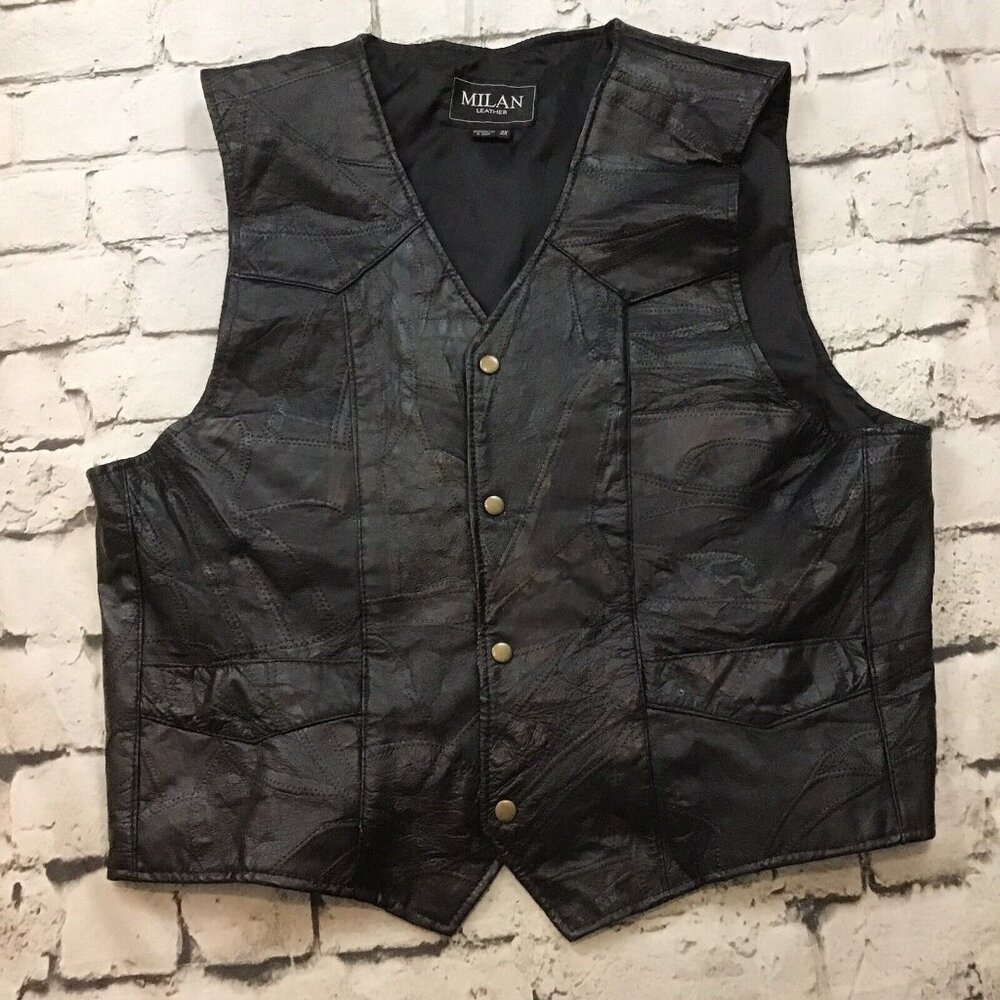 Milan Leather Vest Mens Sz‎ XL Black Patchwork Snap-Up Vintage Biker Motorcycle